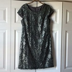 Pewter lace over pewter lining cocktail dress.